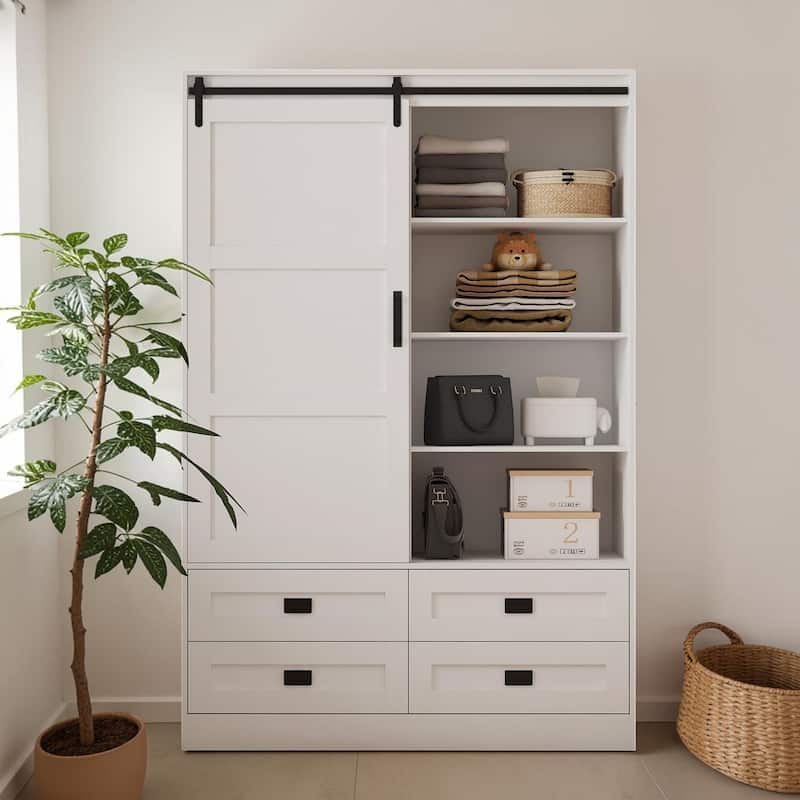 Tall Armoire Wardrobe Closet with Hanging Rod Barn Door 4 Drawers and 3 Open Shelves MDF Bedroom Storage Cabinet - White