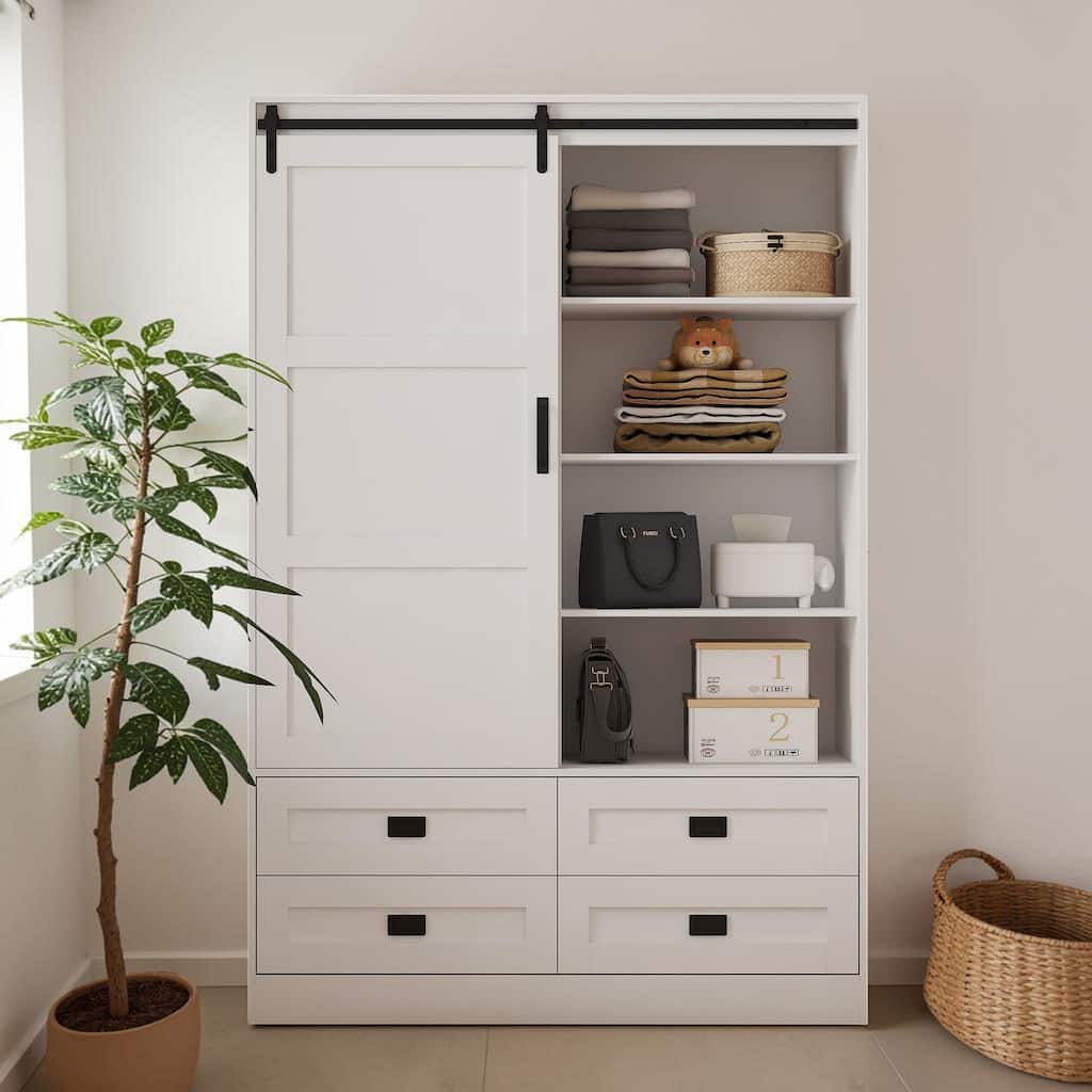 Tall Armoire Wardrobe Closet with Hanging Rod Barn Door 4 Drawers and 3 Open Shelves MDF Bedroom Storage Cabinet