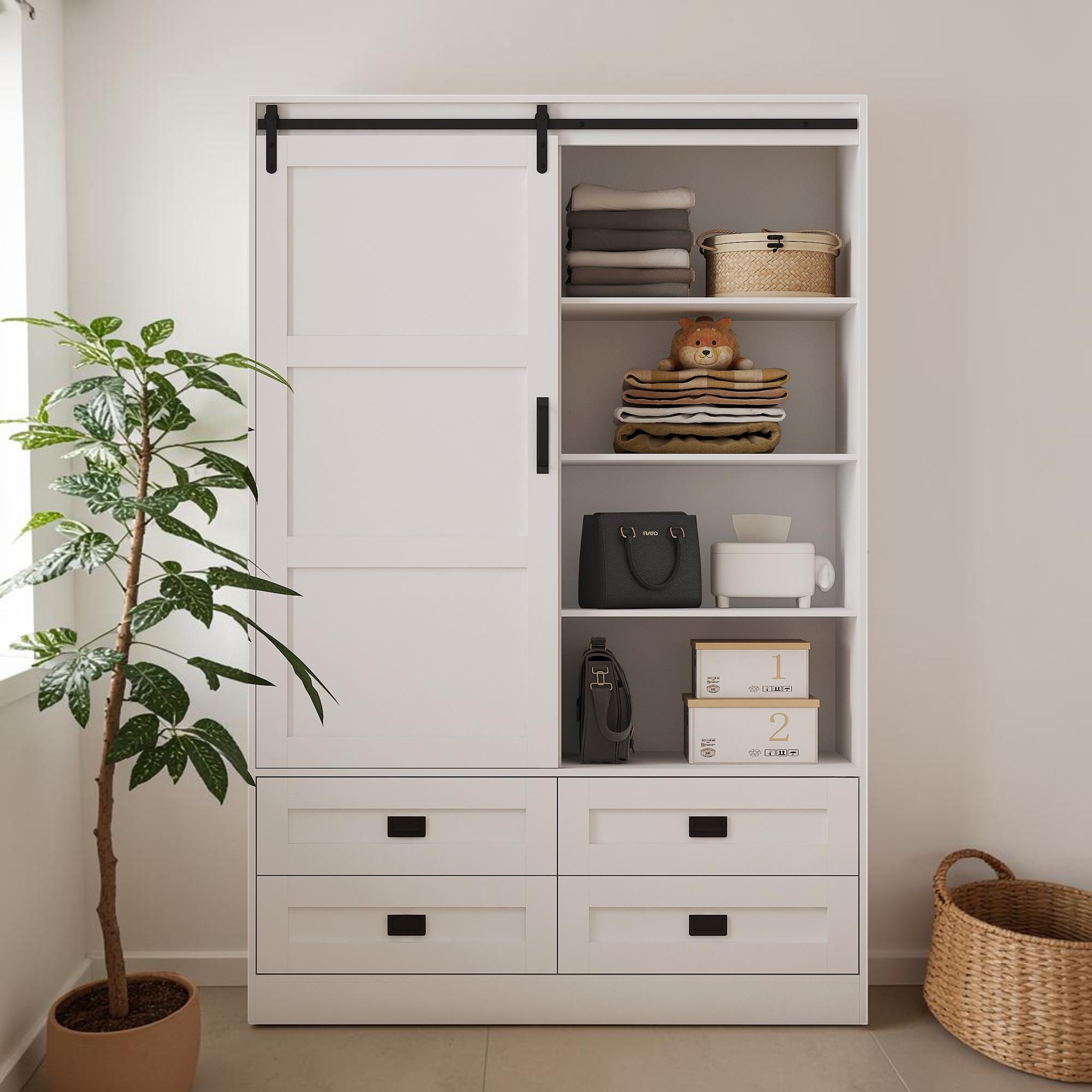Tall Armoire Wardrobe Closet with Hanging Rod Barn Door 4 Drawers and 3 Open Shelves MDF Bedroom Storage Cabinet