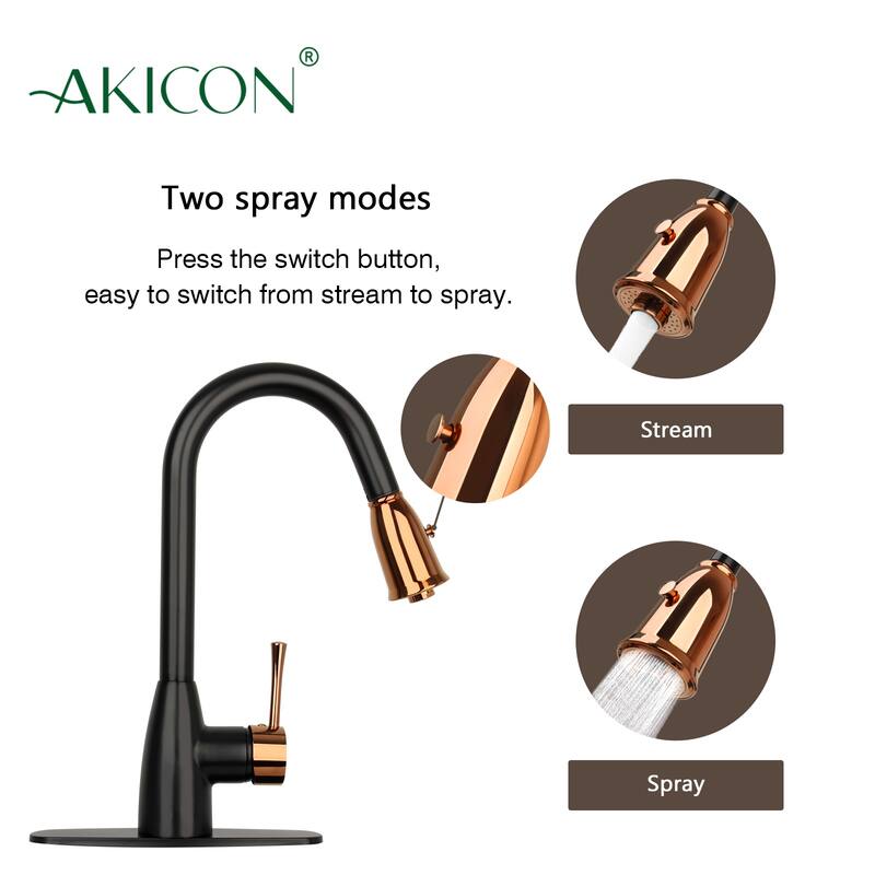 One-Handle Matte Black and Rose Gold Pull Down Kitchen Faucet with Deck Plate - 5 Years Warranty - 16x8.2
