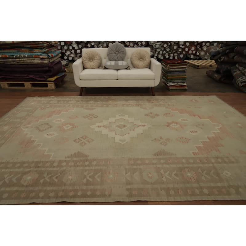 Hand Woven Oriental 100% Wool Carpet Southwestern Tribal Greys & Charcoal Kilim Area Rug - 12' 1'' X 8' 8''