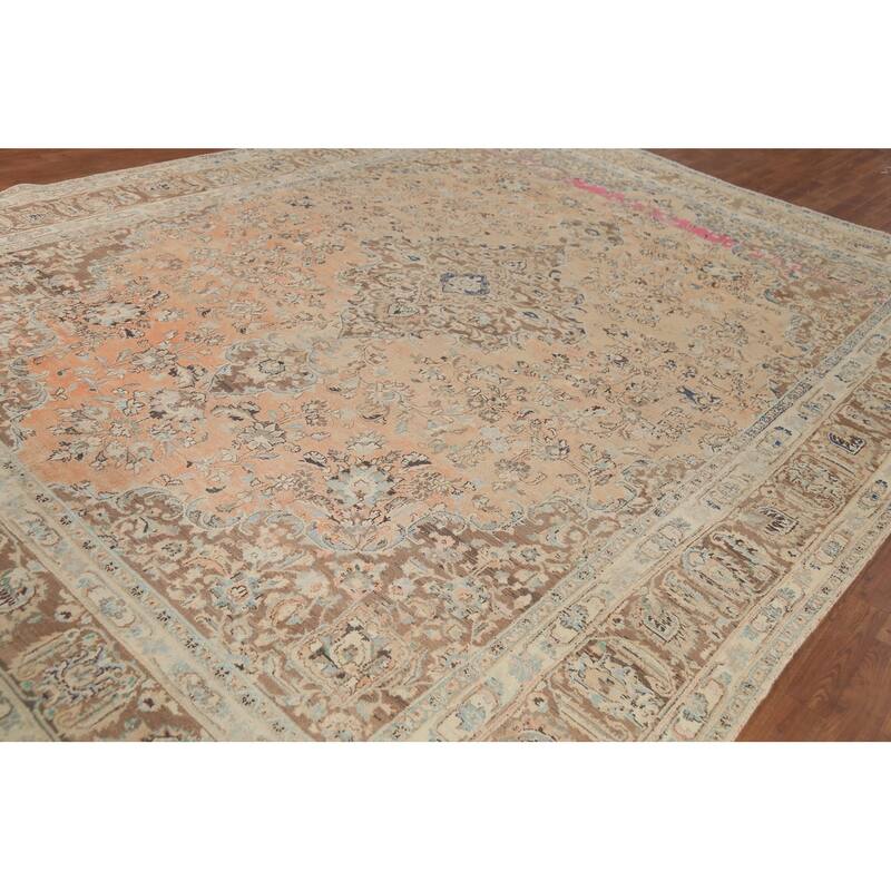 Orange Traditional Mashad Persian Vintage Rug Hand-Knotted Wool Carpet - 9'7"x 13'4"