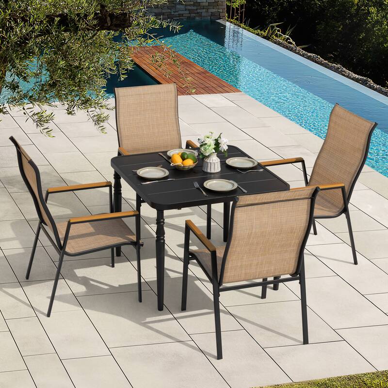 5-Piece Textilene Patio Dining Set with Umbrella Hole, Stackable Design