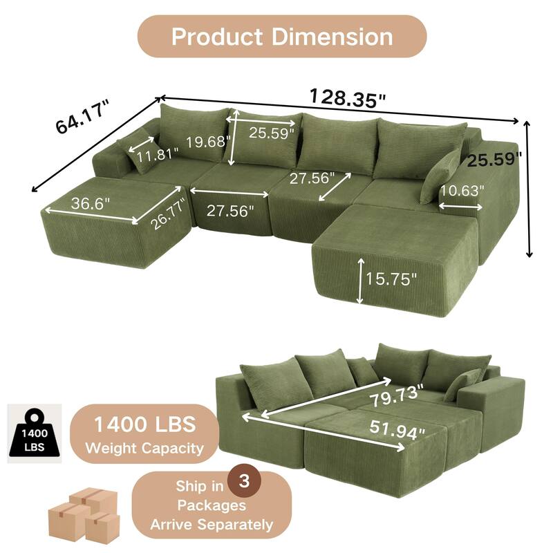 GDFStudio - 6-Piece Modular U-Shaped 128" Sectional Sofa with Chaise Lounge