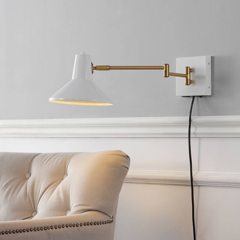 Max Swing Arm 1-Light Modern Midcentury Iron USB Charging Port LED Sconce, by JONATHAN Y - White