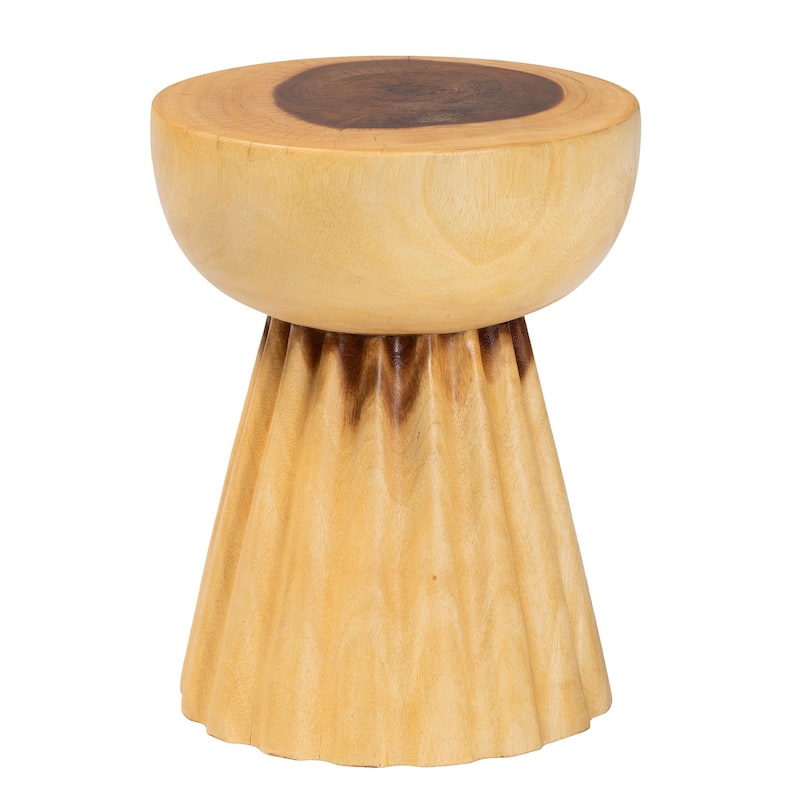 Alara Hand-carved Suar Wood Side Table - Sculptural Pedestal Table with Natural Grain, Boho Style for Living Room or Bedroom