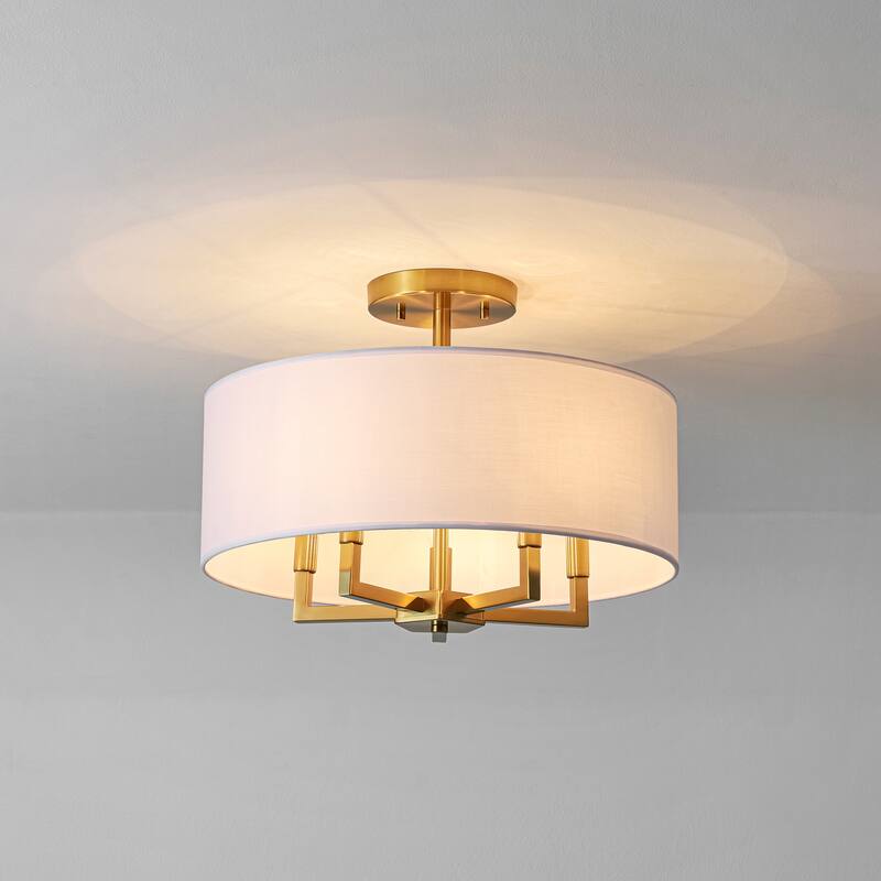4-Light Mid-Century Modern Gold Semi-Flush Mount Light with White Drum Fabric Shade for Bedroom, Living Room