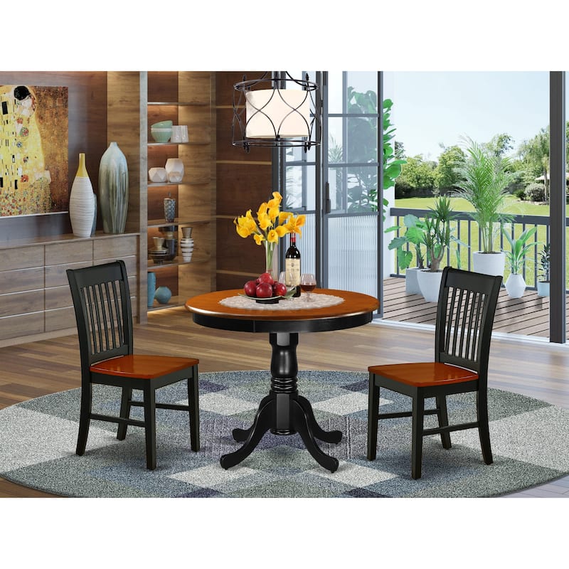 East West Furniture Kitchen Table Set Contains a Round Dining Table and Solid Wood Seat Chairs, Black & Cherry(Pieces Options)