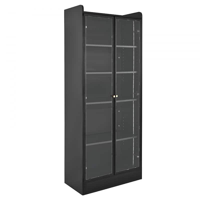 Black MDF Glass Display Cabinet 5-Tier with LED Lighting and Doors - 27.56 × 13.39 × 66.93 inch