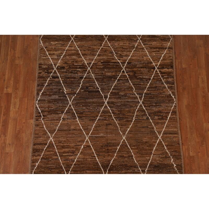 Hand Knotted Oriental 100% Wool Carpet Modern Trellis Brown Moroccan Area Rug - 6' 8'' X 5' 1''