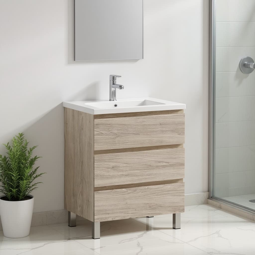 HomeRoots 24" Natural Wood Freestanding Bathroom Vanity With White Sink And Three Drawers - 24.00 in. x 39.06 in. x 18.10 in.