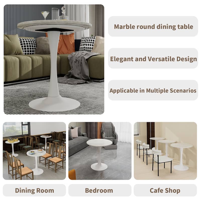 27.6" Mid-Century Modern Style Dining Table, Accommodates 2-4 People, Featuring A Round White-Veined Marble Tabletop