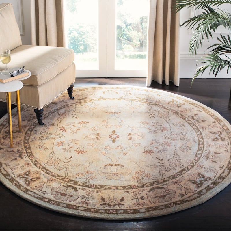 SAFAVIEH Handmade Bergama Petkana Oriental Hand-spun Wool Rug - 6' Round - Light Blue/Ivory