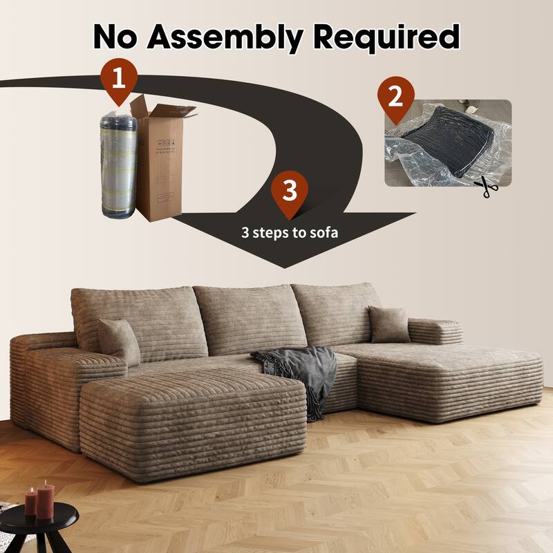 Modern Corduroy Compression Chaise Couch, U-shaped Sectional Sofa with Ottoman and Pillows Backrest for Living Room