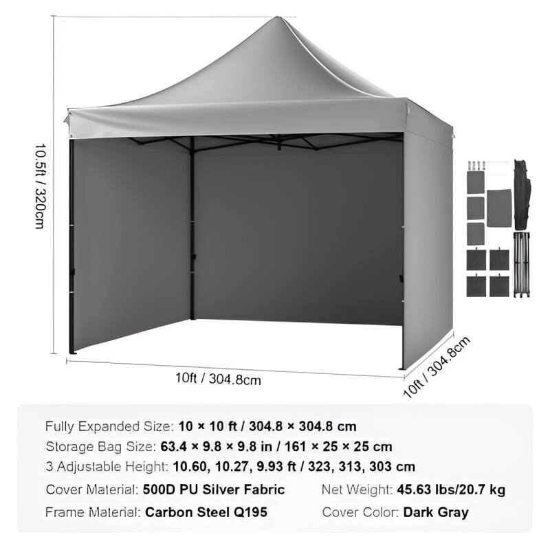 500D PU Coated Pop-Up Canopy Tent with Sidewalls and Carry Bag - 120” L x 120” W x 126” H