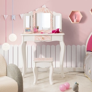 Costway Kid Vanity Set Wooden Makeup Table Stool Tri-Folding Mirror - See Details
