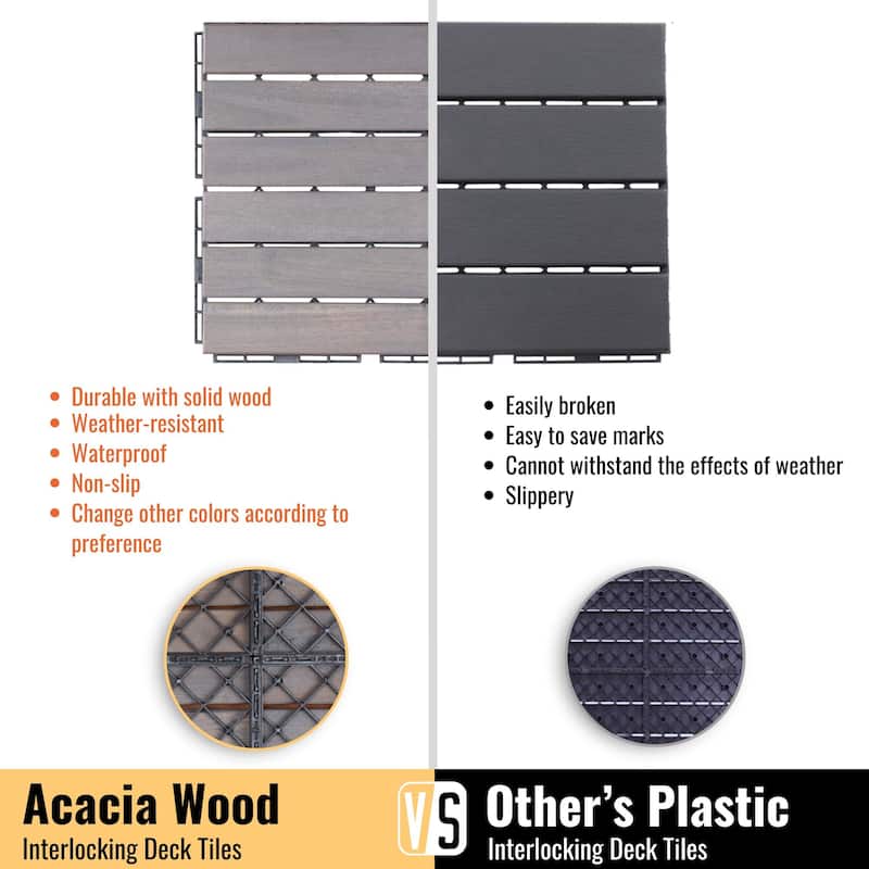 12"x12" Light Gray Acacia Hardwood Deck Tiles, Interlocking Outdoor Flooring for Patio, Pool
