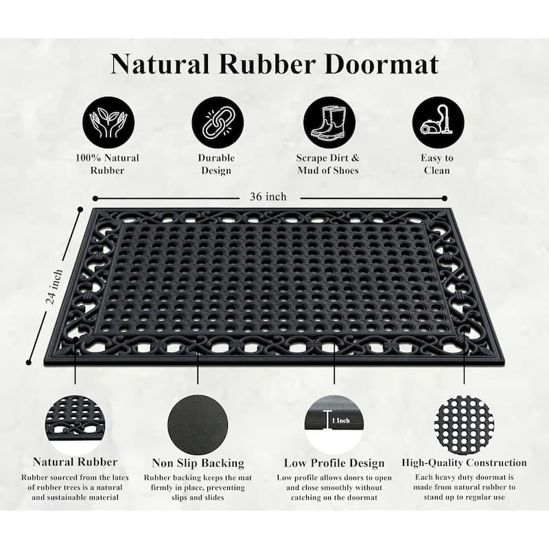 A1HC Natural Rubber Outdoor Doormat, 24"x36” outside entryway Scrapes Shoes Clean of Dirt Heavy Duty Door mat