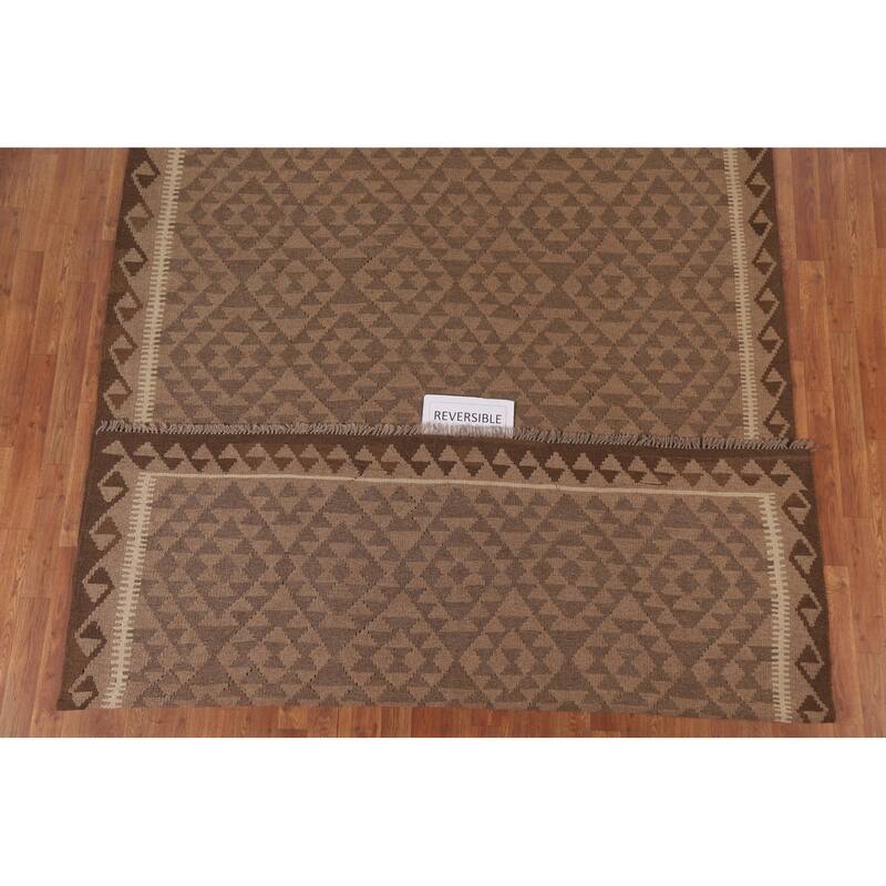 Hand Woven Oriental 100% Wool Carpet Southwestern Geometric Brown Kilim Area Rug - 9' 6'' X 6' 11''