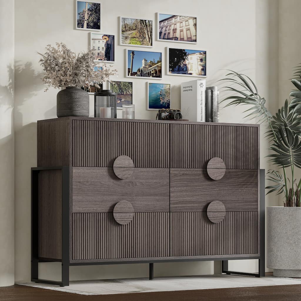 COZAYH Farmhouse Fluted 6-Drawer Dresser, Modern Wooden Chest of Drawers with Round Handles, Accent Storage Dresser, Grey Wash