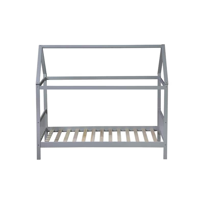 Twin Size House Bed with Headboard and Footboard, Underbed Storage - Rubberwood House-shaped Bed Frame for Children's Room