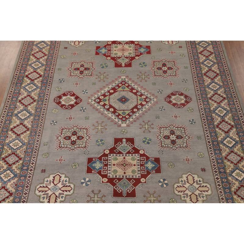 Gray Geometric Kazak Oriental Area Rug Handmade Wool Carpet - 9'11"x 13'3"