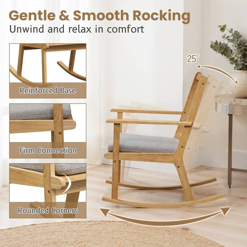 Gymax Wooden Rocking Chair w/Removable Cushion & Ergonomic Slatted