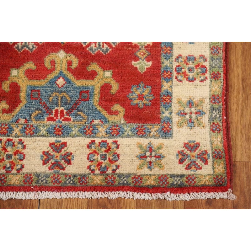 Geometric Red Kazak Oriental Foyer Rug Hand-Knotted Wool Carpet - 2'0" x 3'0"