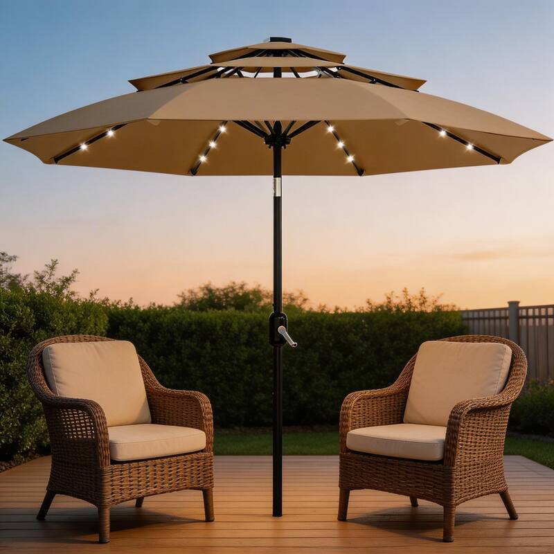 3-Tier Solar Patio Umbrella, with LED Lights and Vents - Tan