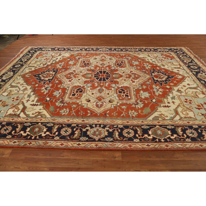 Hand Knotted Oriental 100% Wool Carpet Traditional Medallion Oranges & Rust Heriz (serapi) Area Rug - 11' 10'' X 9' 2''
