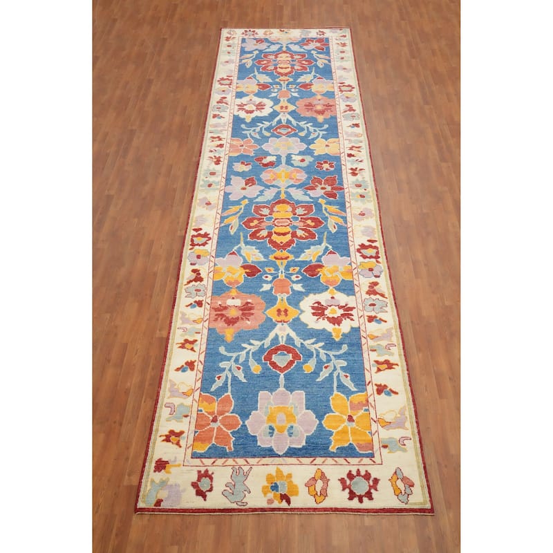 Hand Knotted Oriental 100% Wool Carpet Transitional Floral Navy Blue & Blues Oushak Runner Rug - 19' 5'' X 5' 0''