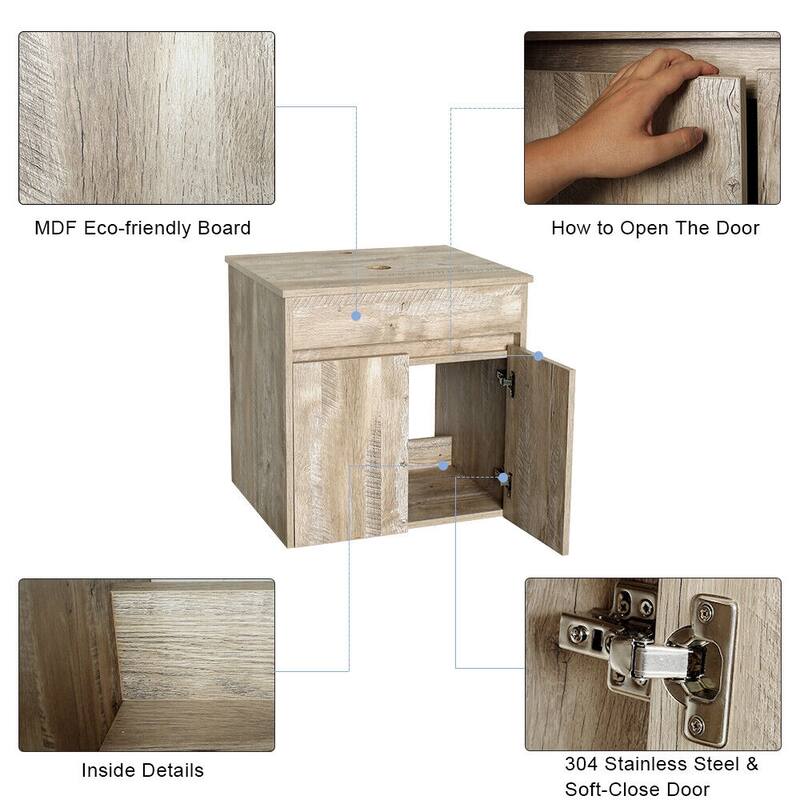 24" Bathroom Vanity Set Tempered Glass/ Ceramics Sink Combo Wall Mounted Natural Cabinet Faucet Drain Mirror