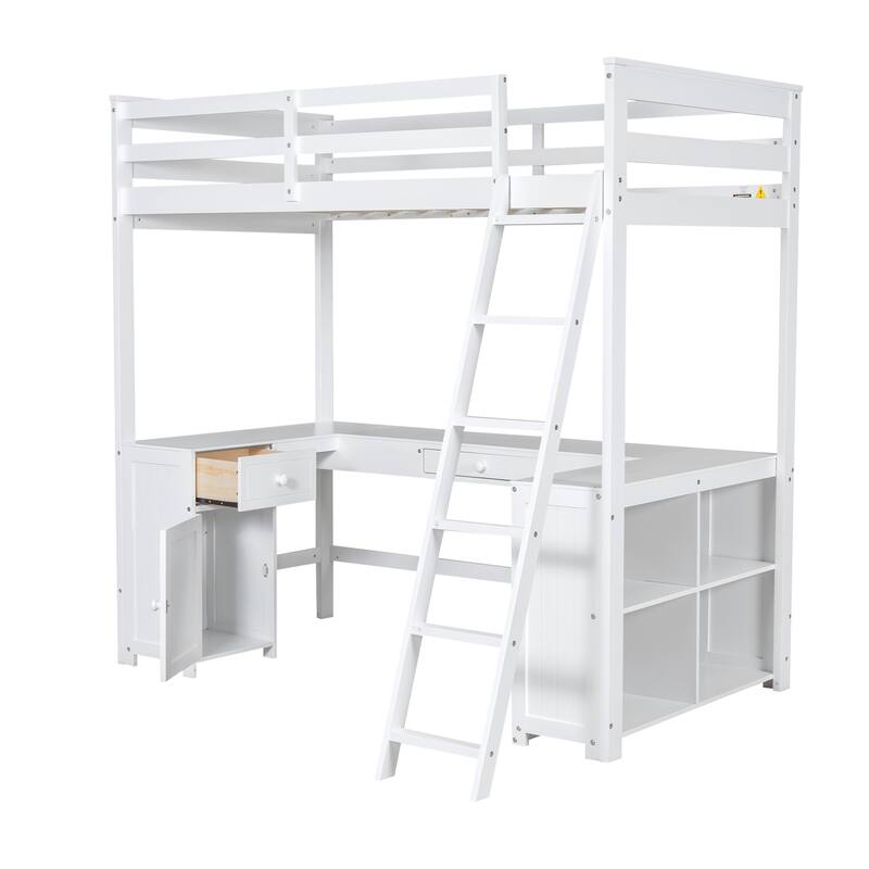 Roomfitters Twin/Full Loft Bed with U-Shaped Desk, Open Shelves and Compact Storage System