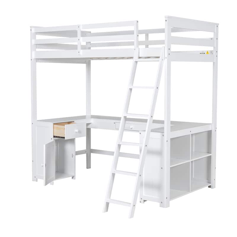 White Twin Size Solid Wood Loft Bed with Desk, Blackboard, and Storage