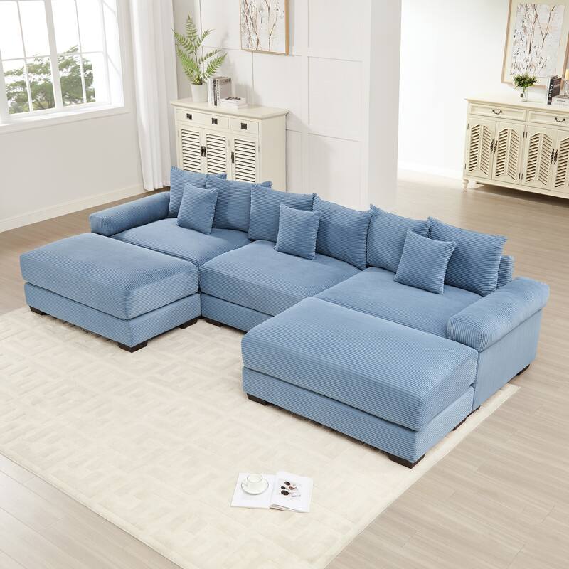 GDFStudio - Corduroy U-Shaped 3-Seater 130" Cloud Modular Sectional Couch with 2 Ottomans - Blue