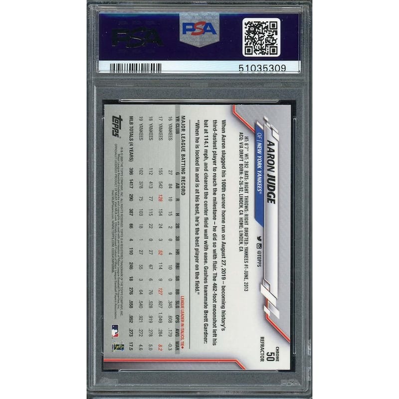 Aaron Judge 2020 Topps Chrome Sepia Refractor Baseball Card #50 Graded PSA 10 - 8'6" x 11'6"