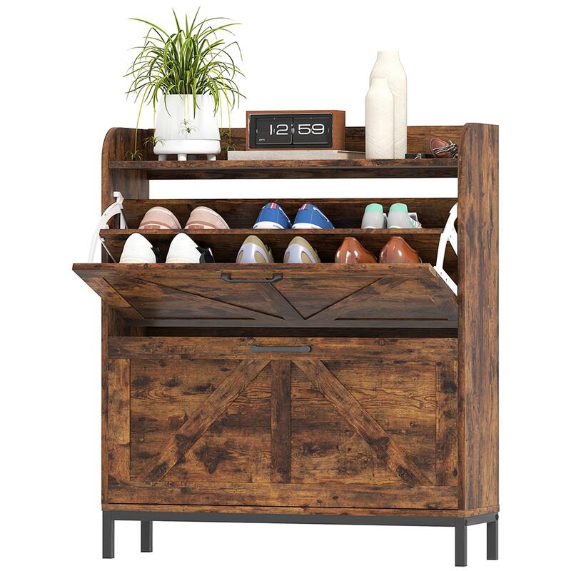 12-Pair Space-Saving Shoe Storage Cabinet with Adjustable Dividers and Flip Drawers Anti-Tip - 29.5" W x 9.4" D x 37" H