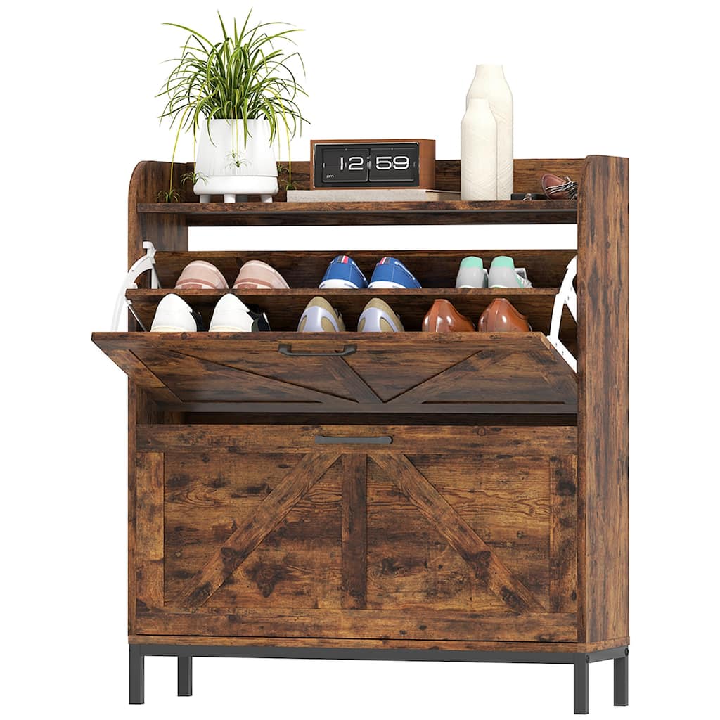 12-Pair Space-Saving Shoe Storage Cabinet with Adjustable Dividers and Flip Drawers Anti-Tip - 29.5" W x 9.4" D x 37" H