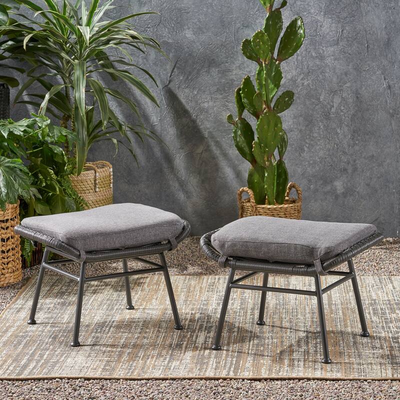 Roomfitters Outdoor Rattan Ottomans with Cushions, Set of 2 Footrests for Patio or Balcony Seating