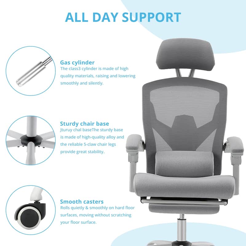 Home Office Desk Chair with Footrest, High-Back Mesh Rolling Swivel Reclining Chairs with Wheels, Comfortable Headrest