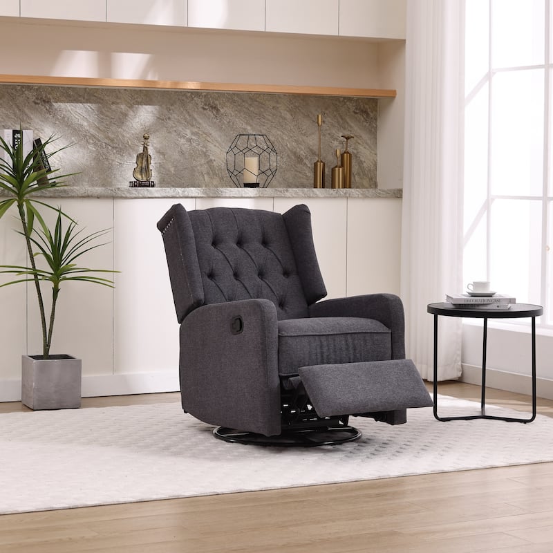 HOMEFUN Upholstered 360 Degree Swivel Rocking Recliner Chair for Bedroom,Living Room - Dark Grey+Linen