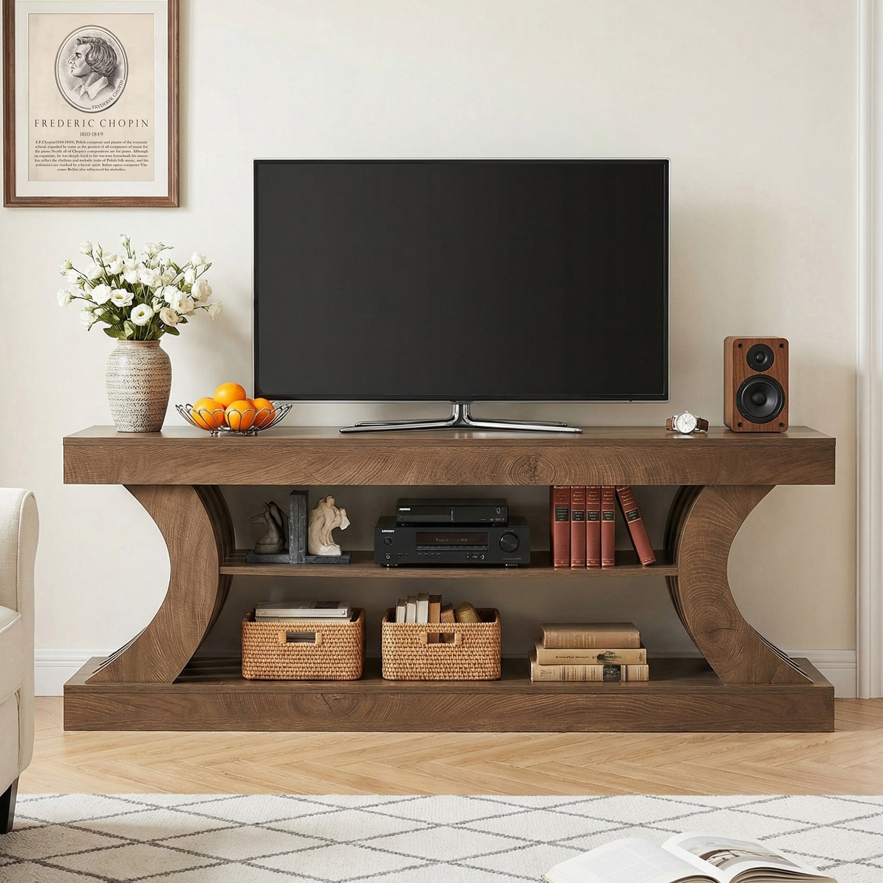 62.99 Inch Low TV Stand with 3-Tier Storage Shelves for TVs