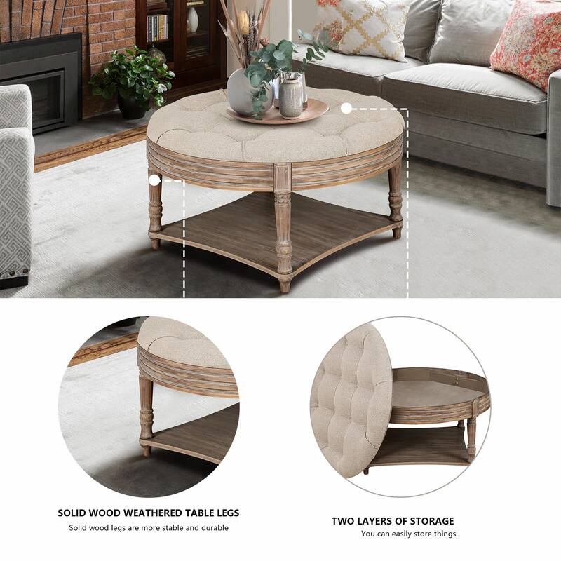 Large Round Ottoman Coffee Table - 2-Tier Button-Tufted with Wooden Shelf Storage