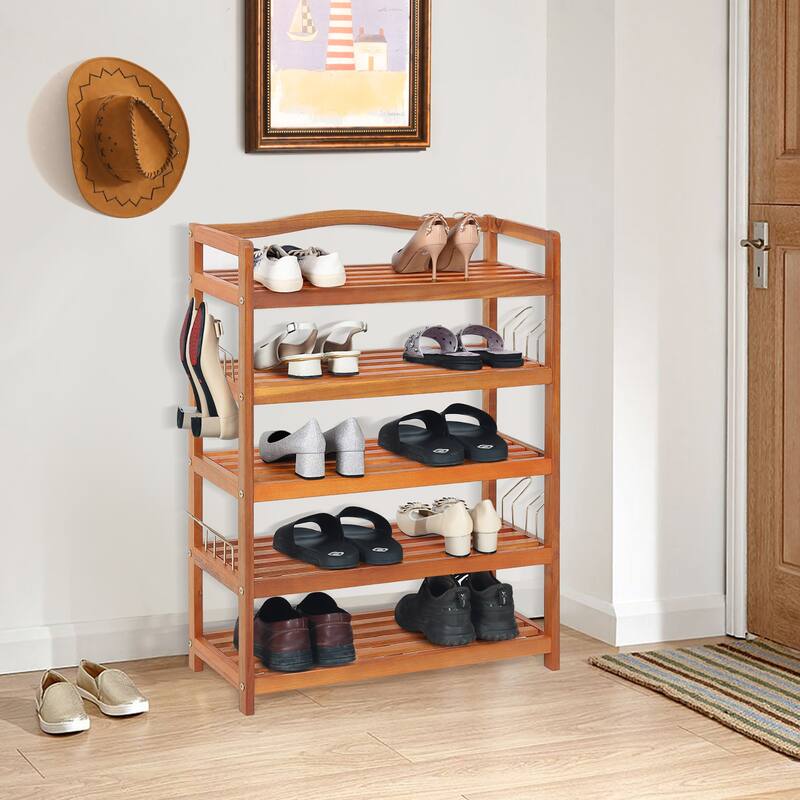 Costway 5-Tier Wood Shoe Rack Solid Acacia Wood Shoe Shelf with Side