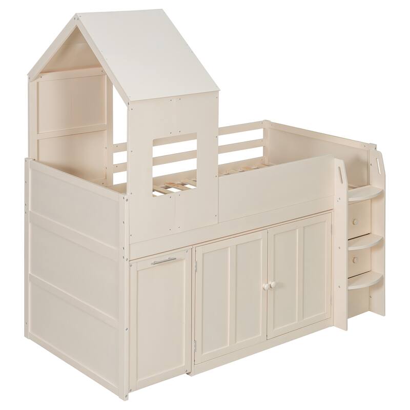 House-Style Kids Loft Bed Frame with Cabinets, Desk, Twin Size Wooden Loft Bed with Safety Guardrail & Storage Ladder