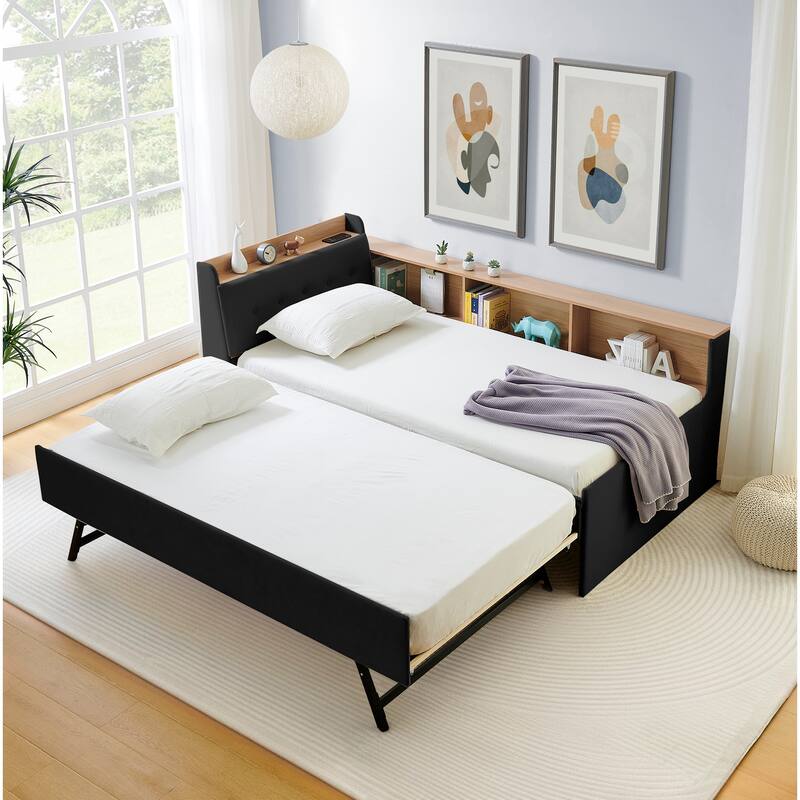 Twin Size Adjustable Velvet Day Bed with Storage, Trundle, LED Lights, and Wireless Charging