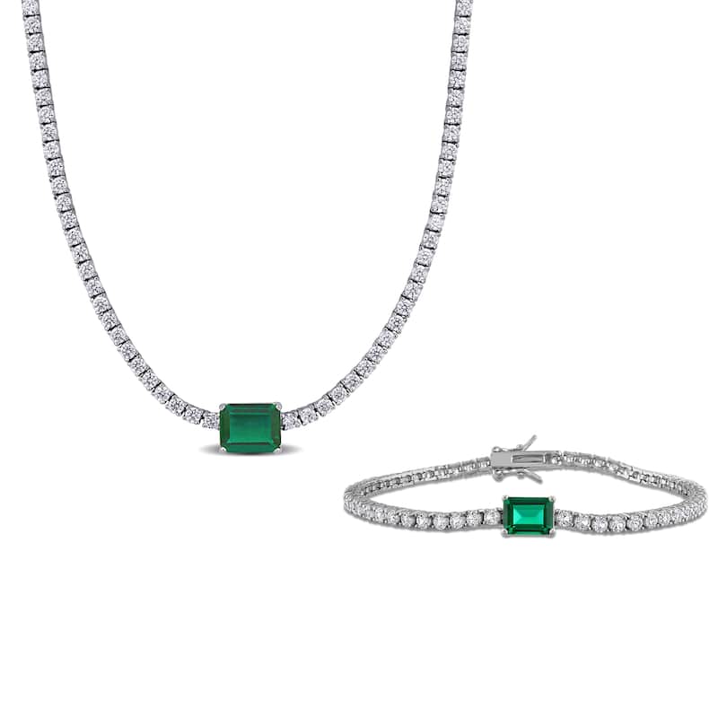 Miadora Sterling Silver Created Gemstone Necklace and Bracelet Set - Green