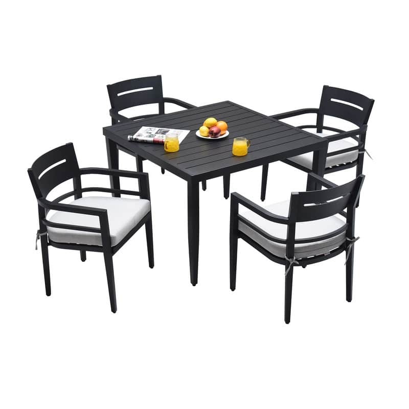 5-Piece Outdoor Aluminum Dining Set with Umbrella Hole, Modern Patio Table and 4 Chairs, Ember Black