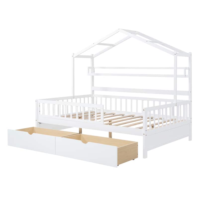 Full Pine House Bed with Roof, Drawers, and Shelf