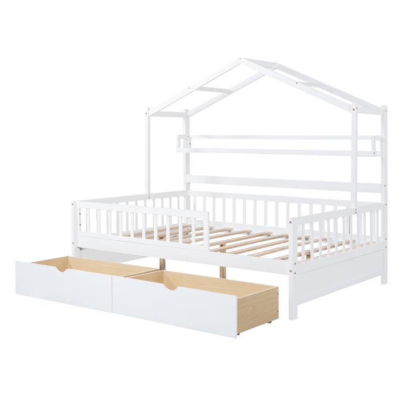 Pine House Bed with Roof, Drawers, and Shelf